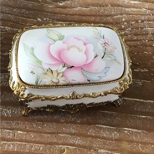 Vintage Japanese White and Brass Floral Filigree Casket Jewelry Box